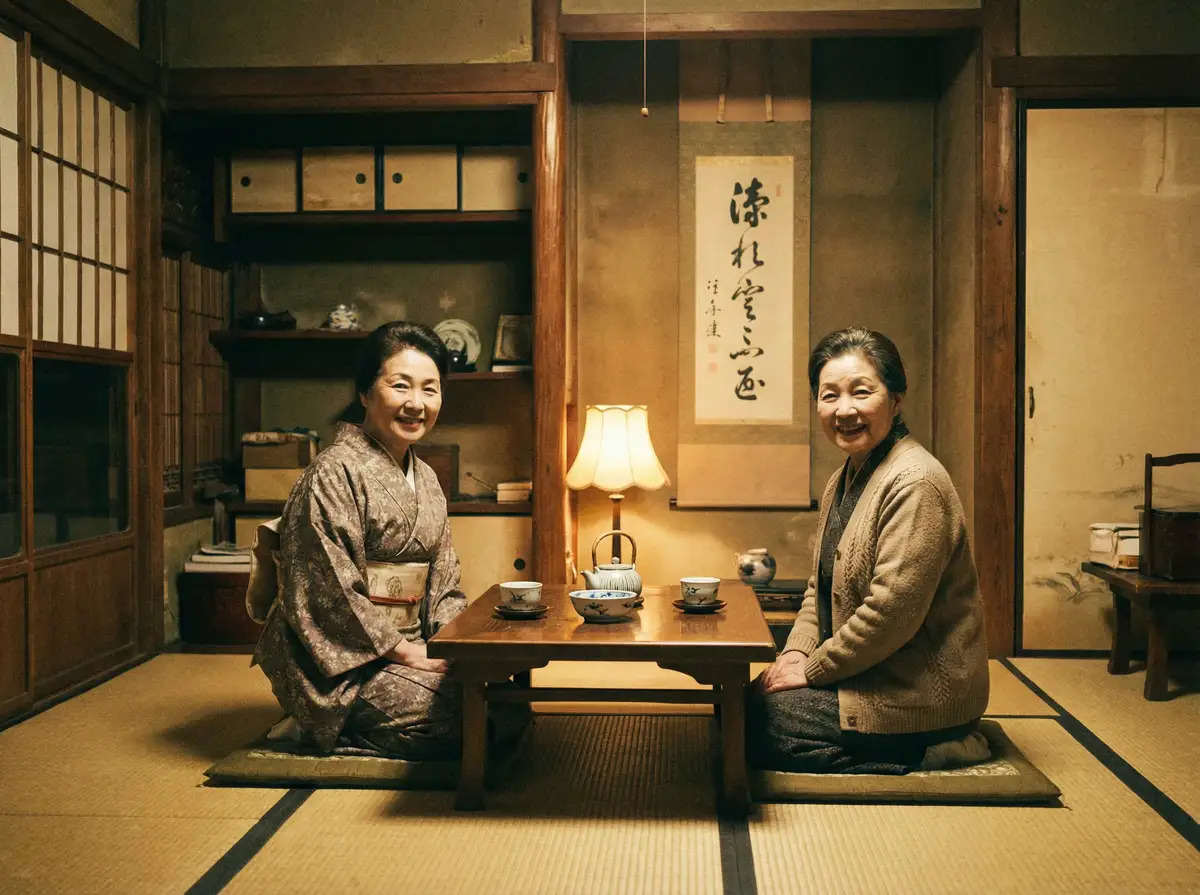 两位优雅的 KB体育app 在日式茶室中品茶交谈